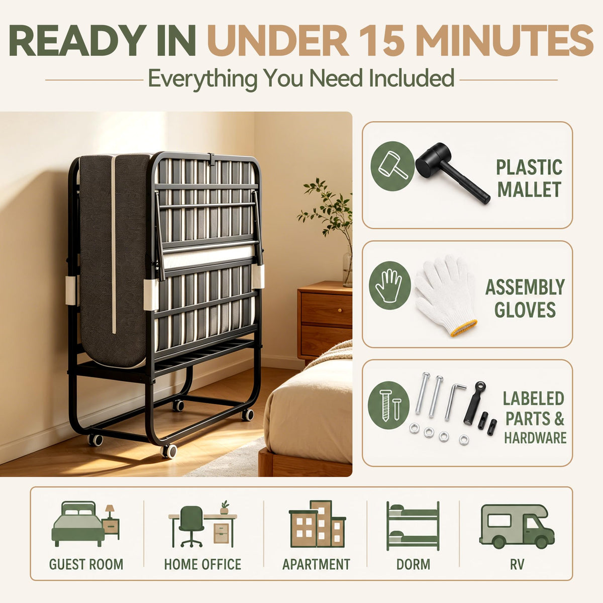 75" L x 38" W Folding Bed with Steel Frame and Memory Foam Mattress C964