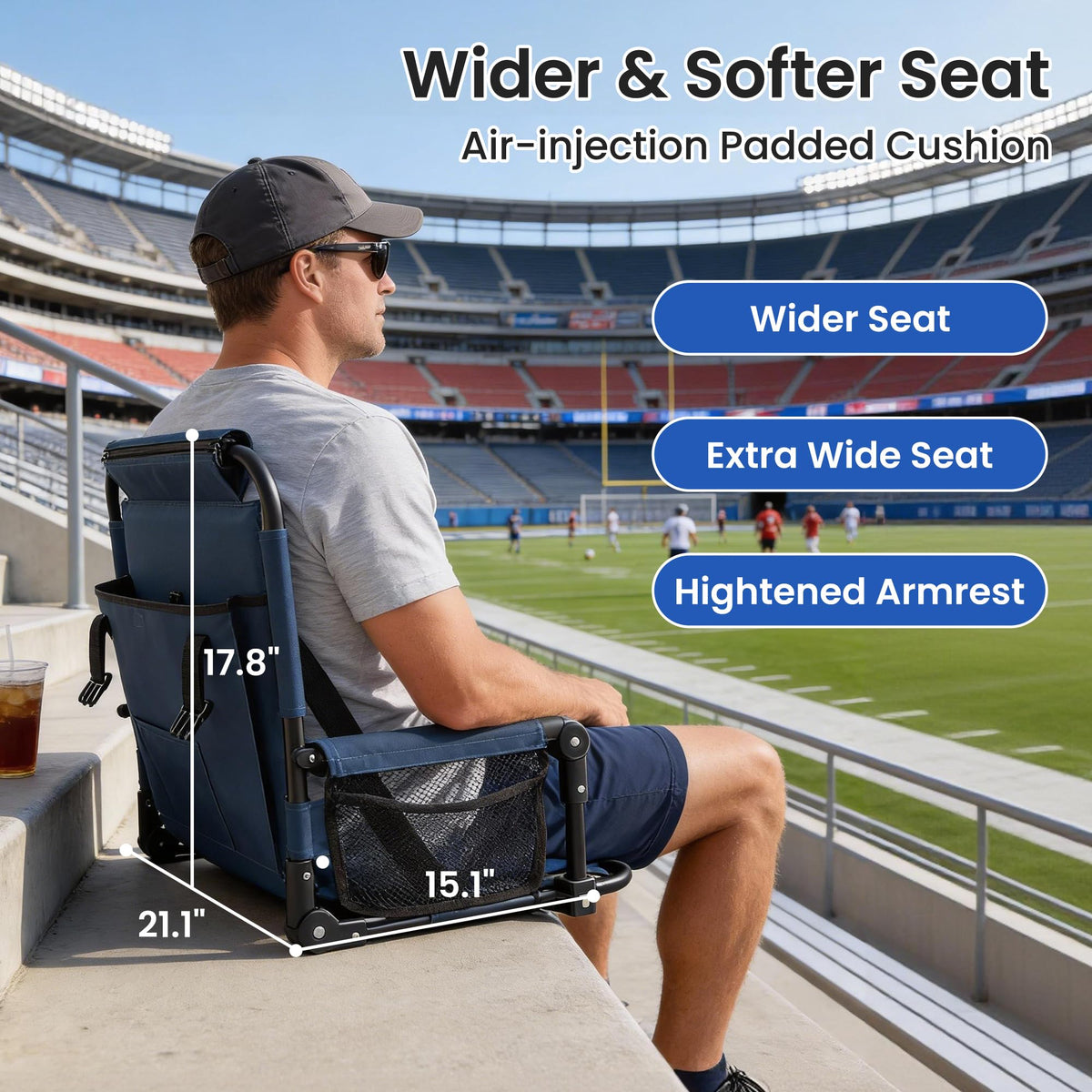 Portable Stadium Seat with Cup Holders & Armrests, Blue & Gray B229