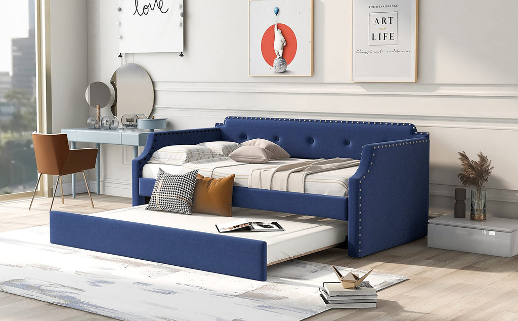 Blue Linen Upholstered Daybed with Trundle Twin Size Z259