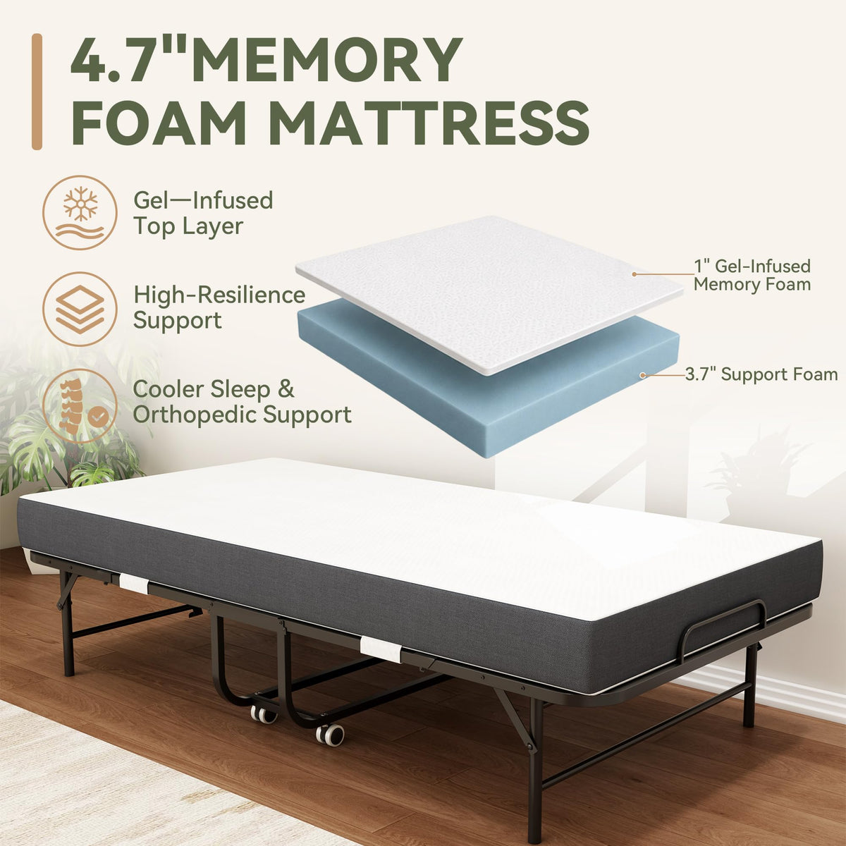 75" L x 38" W Folding Bed with Steel Frame and Memory Foam Mattress C964