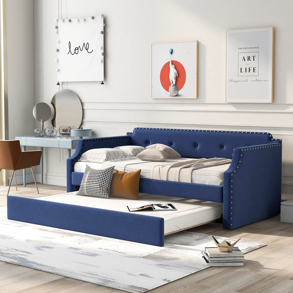 Blue Linen Upholstered Daybed with Trundle Twin Size Z259