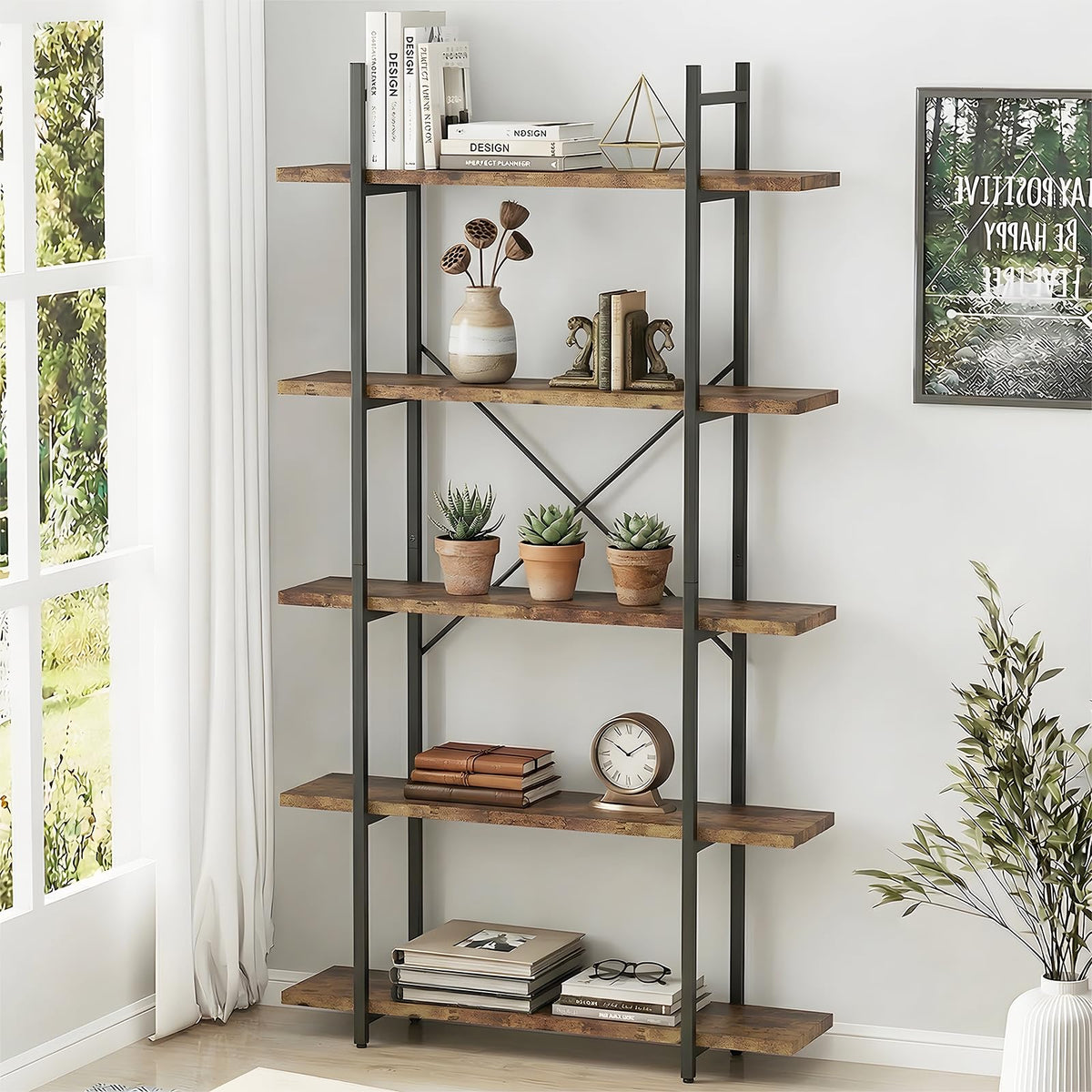 5 Tiers Rustic Brown and Metal Bookshelf H474890