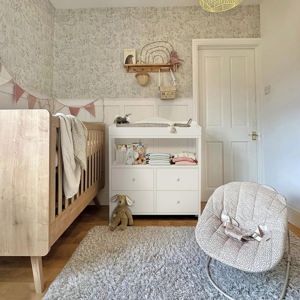 White Changing Table Dresser with 4 Fabric Drawers and Open Shelf X3576