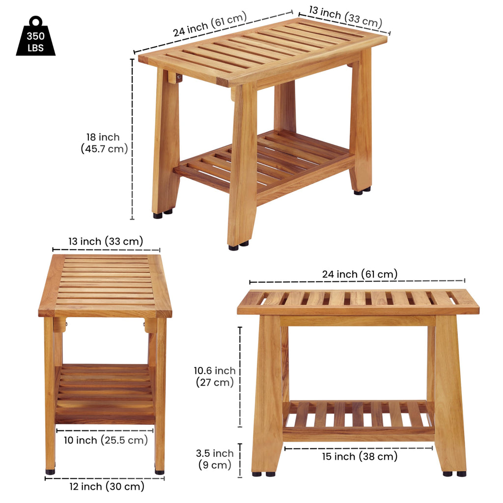 24'' Heavy Duty Teak Wood Shower Bench with Storage Shelf I9566
