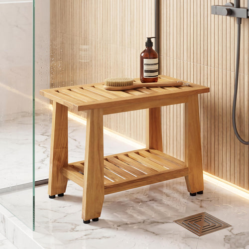 24'' Heavy Duty Teak Wood Shower Bench with Storage Shelf I9566