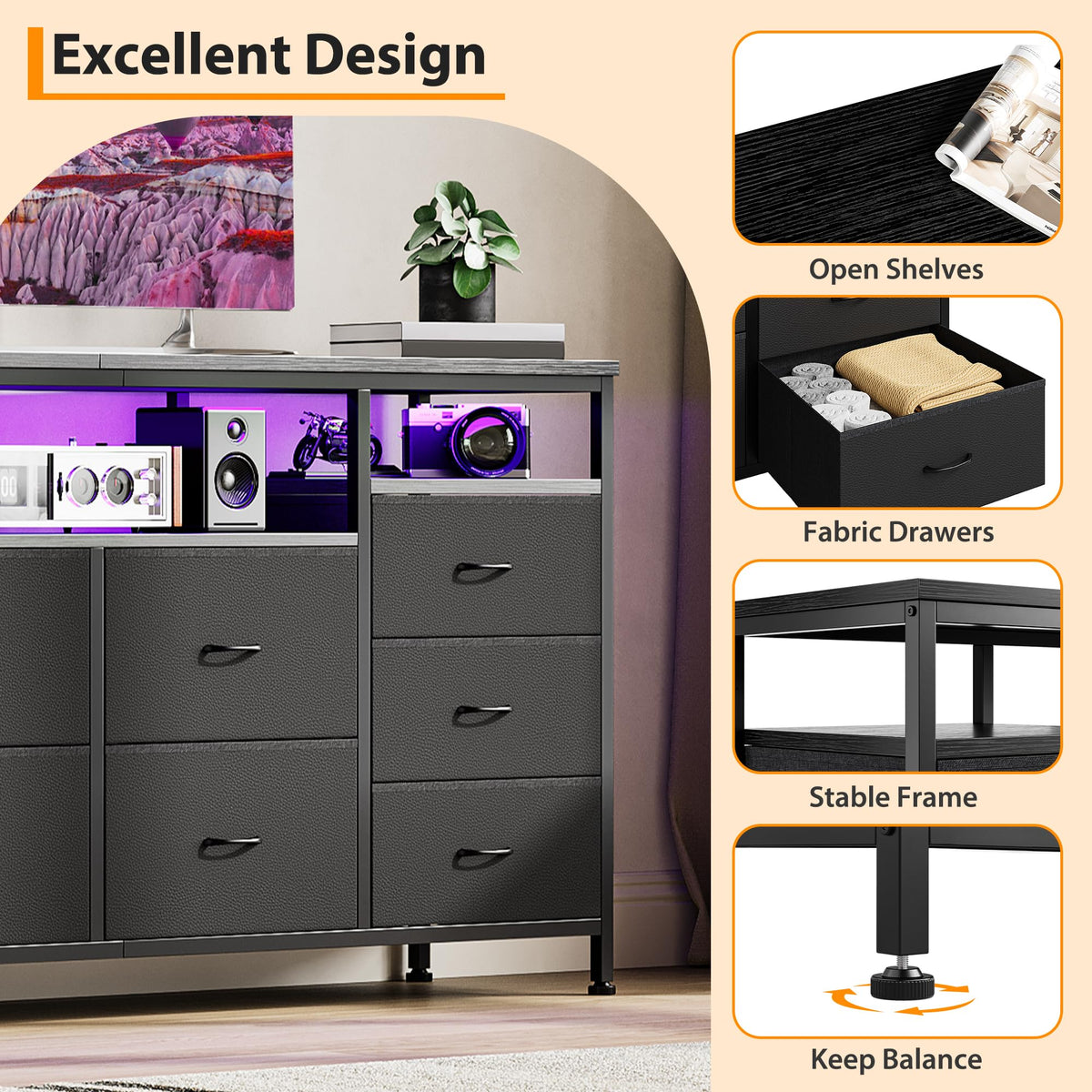 Black Fabric 10 Drawer Dresser Y1708