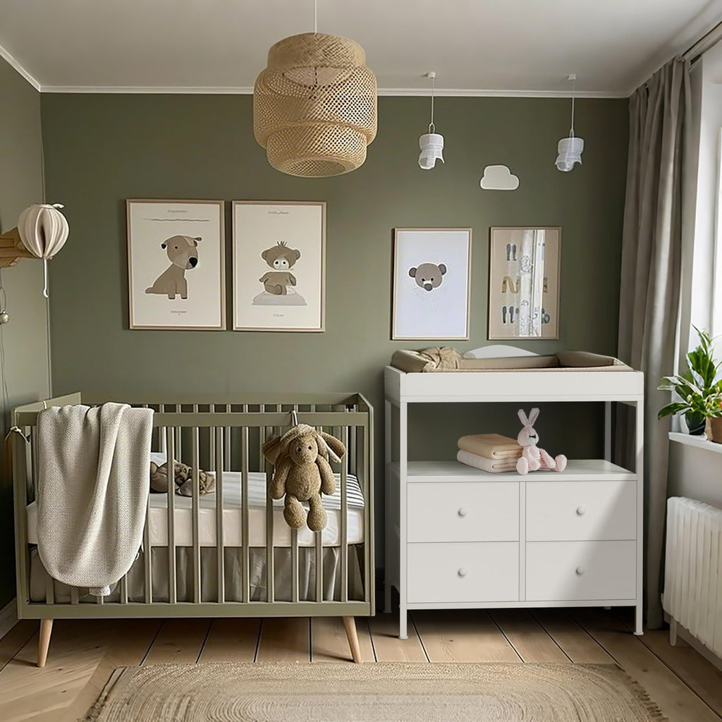 White Changing Table Dresser with 4 Fabric Drawers and Open Shelf X3576