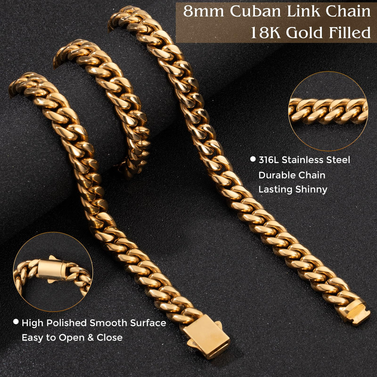 8mm Gold Cuban Link Chain 316L Stainless Steel Necklace T28645