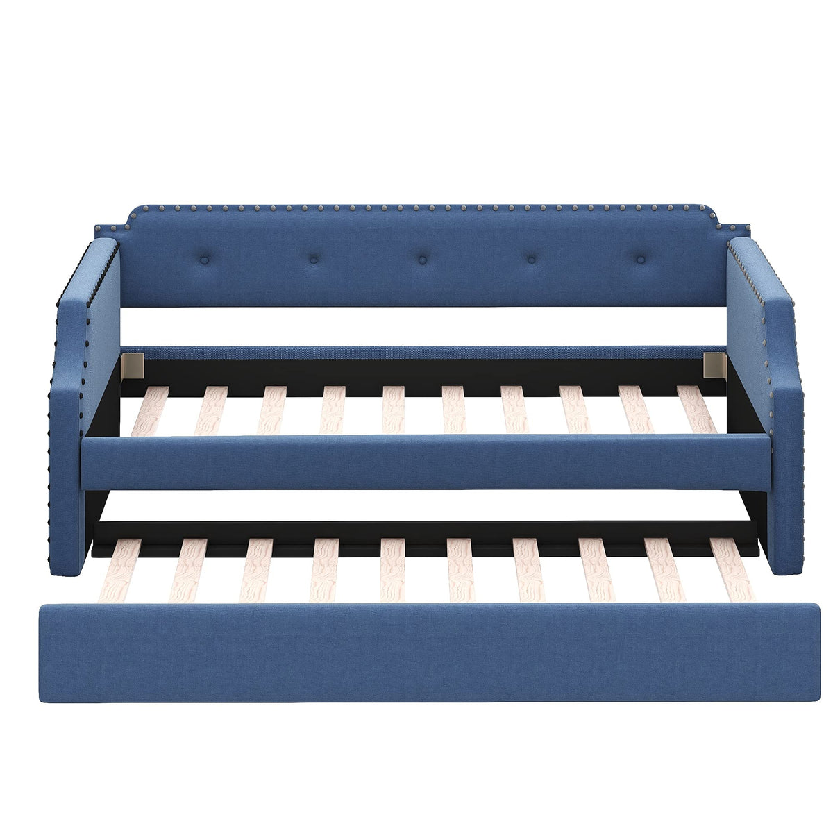 Blue Linen Upholstered Daybed with Trundle Twin Size Z259