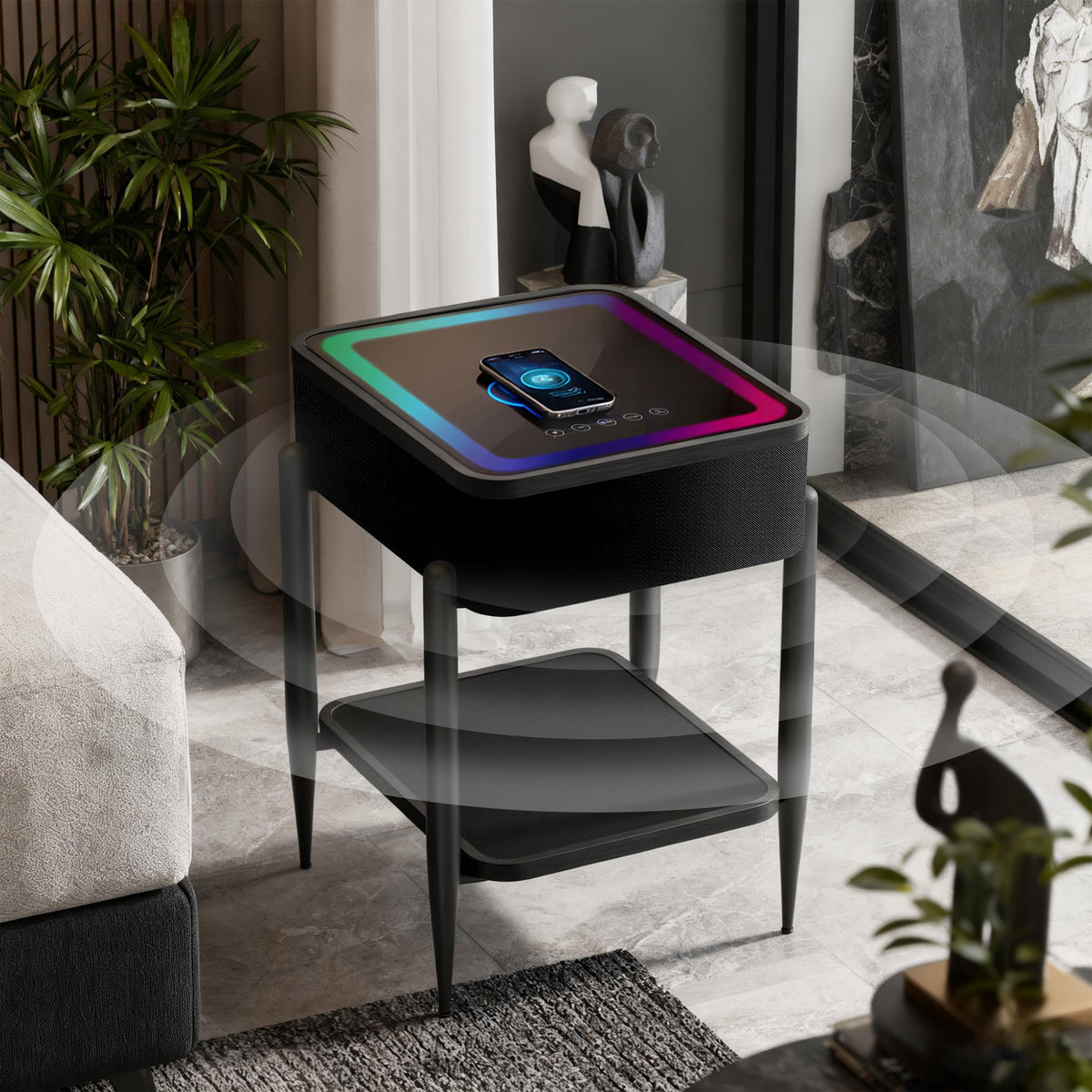 Black LED Smart Nightstand with Bluetooth Speaker & Wireless Charging S562296