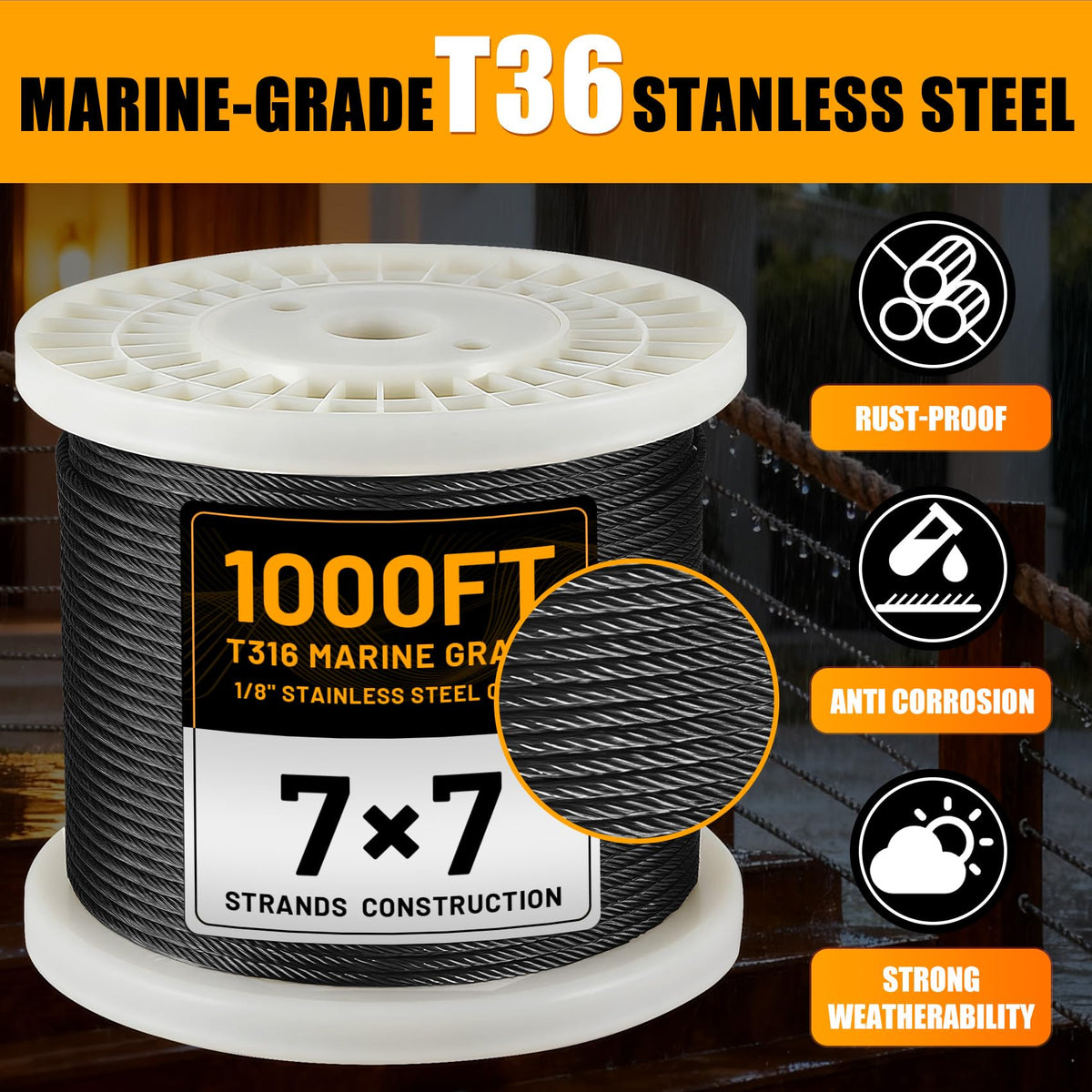1/8" Stainless Steel Cable 1000FT T316 Wire Rope R58497