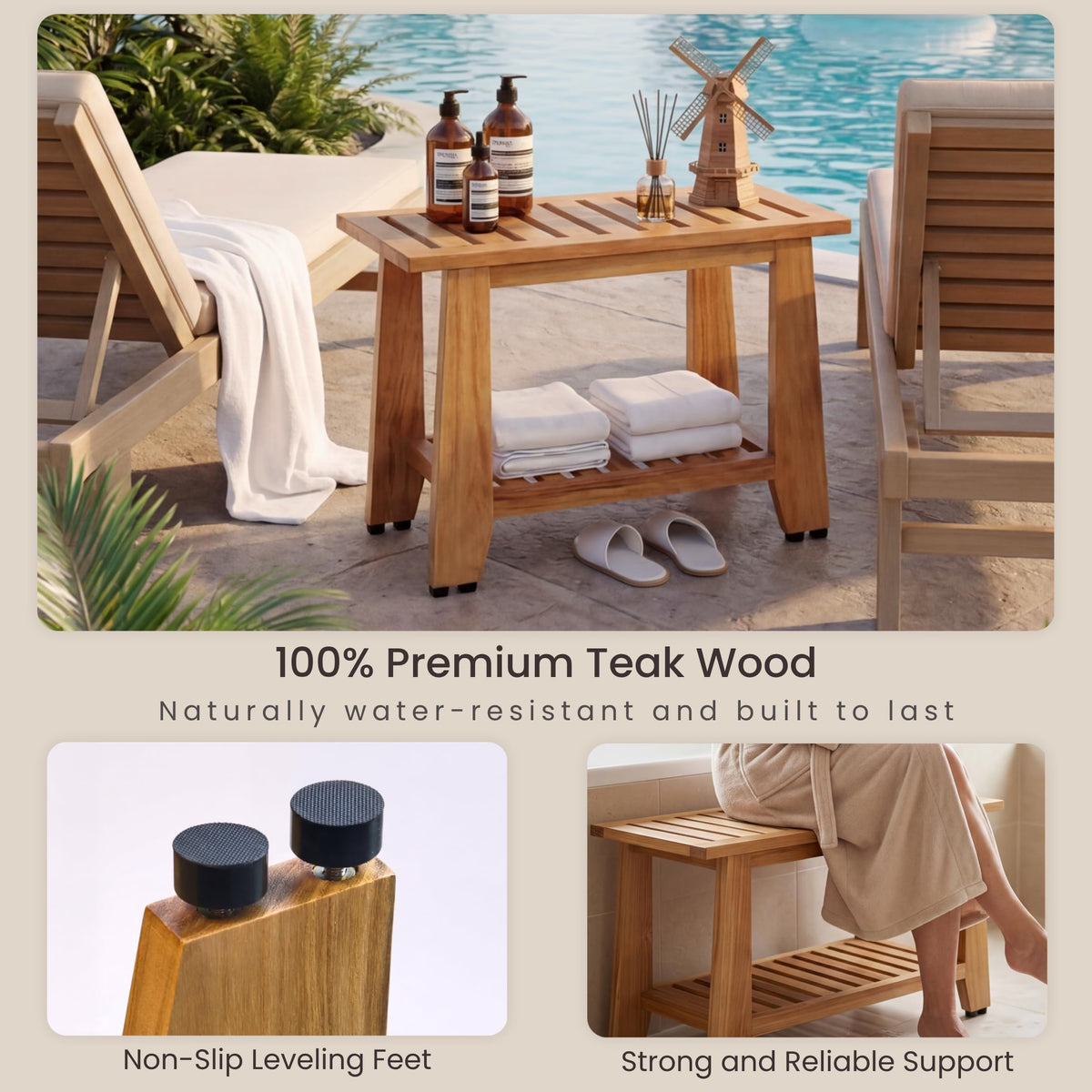 24'' Heavy Duty Teak Wood Shower Bench with Storage Shelf I9566