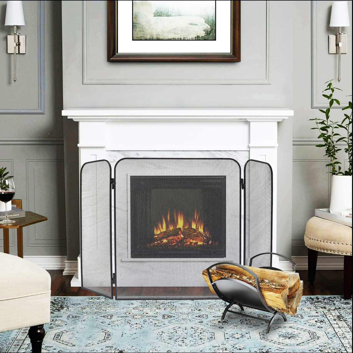 Iron 3-Panel Fireplace Screen Spark Guard W44361